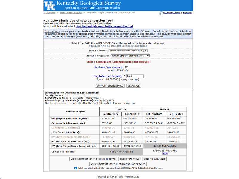 Preview of Kentucky Coordinate Conversion Tools