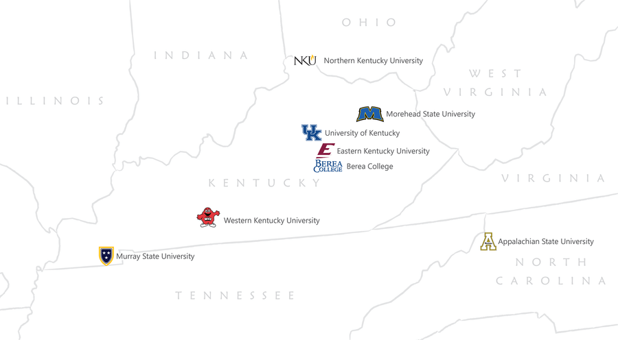  Map showing locations of past Potter interns' schools so far: Murray State University, Western Kentucky University, University of Kentucky, Berea College, Eastern Kentucky University, Northern Kentucky University, Morehead State University, Appalachian State University.