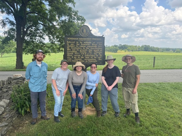 2025 Potter Interns in front of new historical marker for the Nonesuch Abandoned Channel in Woodford County.