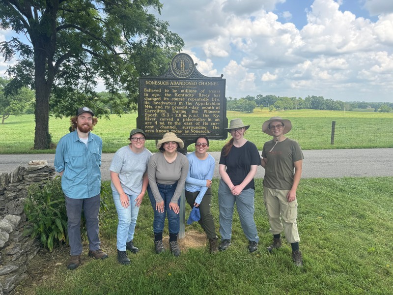 2025 intern cohort at a newly established historical marker in Woodford County (from left to right): Finley Gardner, Hala Ison, Victoria Apostolides, Emmerson Willhoite, June Lennox-Stone, Maysn Hughes.