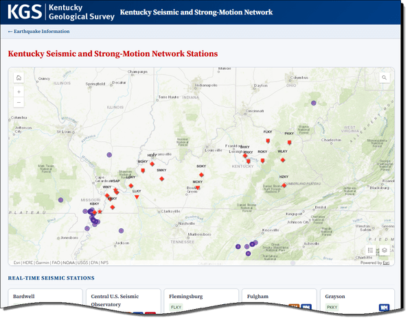 Map of KGS seismic network stations on the KSSMN landing page.