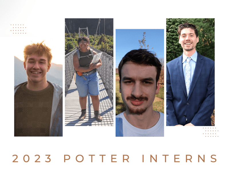 2023 Potter Interns. Left to Right: Will Hemenover, Olivine Painter, Maxwell Mickelson, and Ethan Davis
