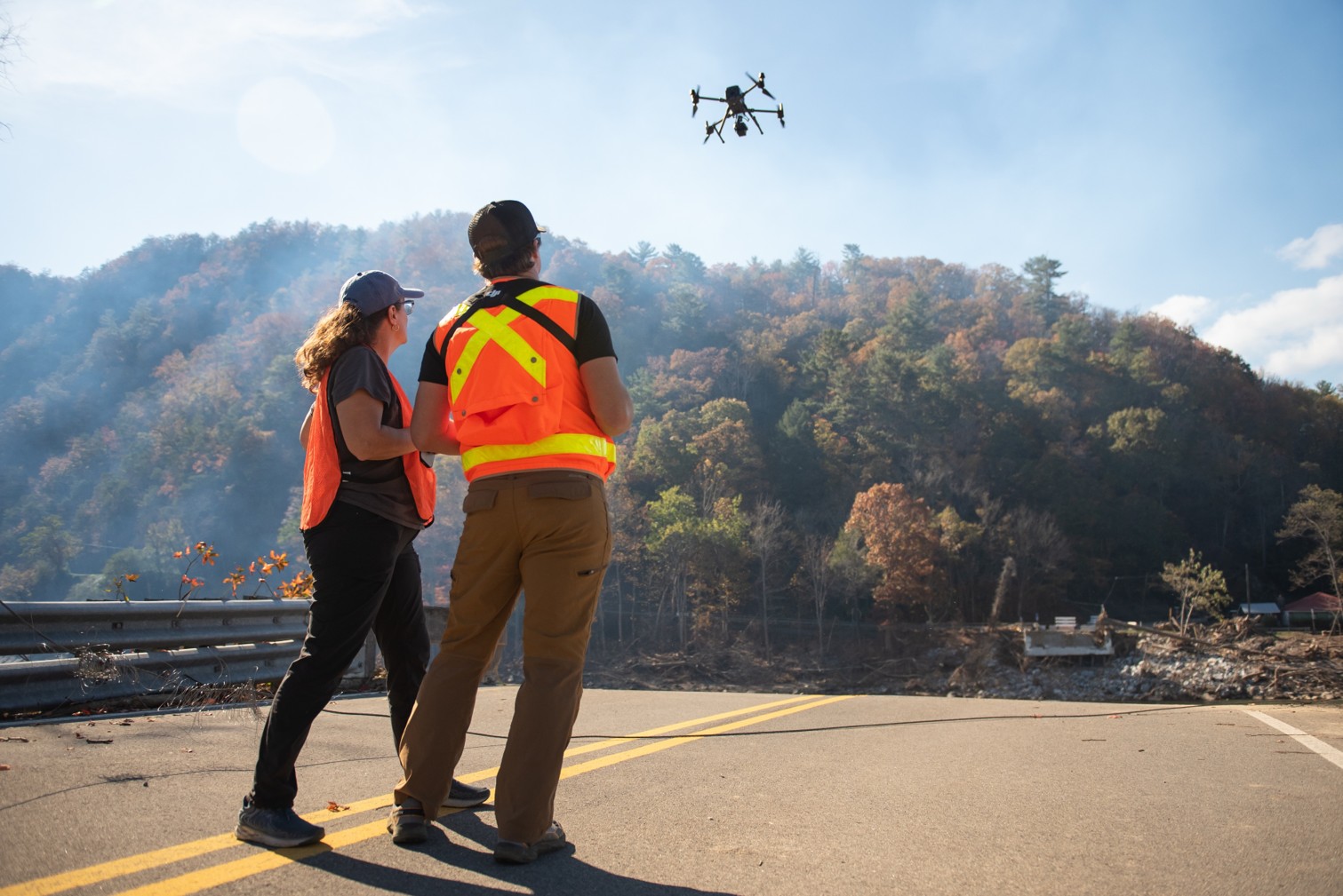 UAV aerial survey of a flooded bridge site. Photo by Summer Brown.