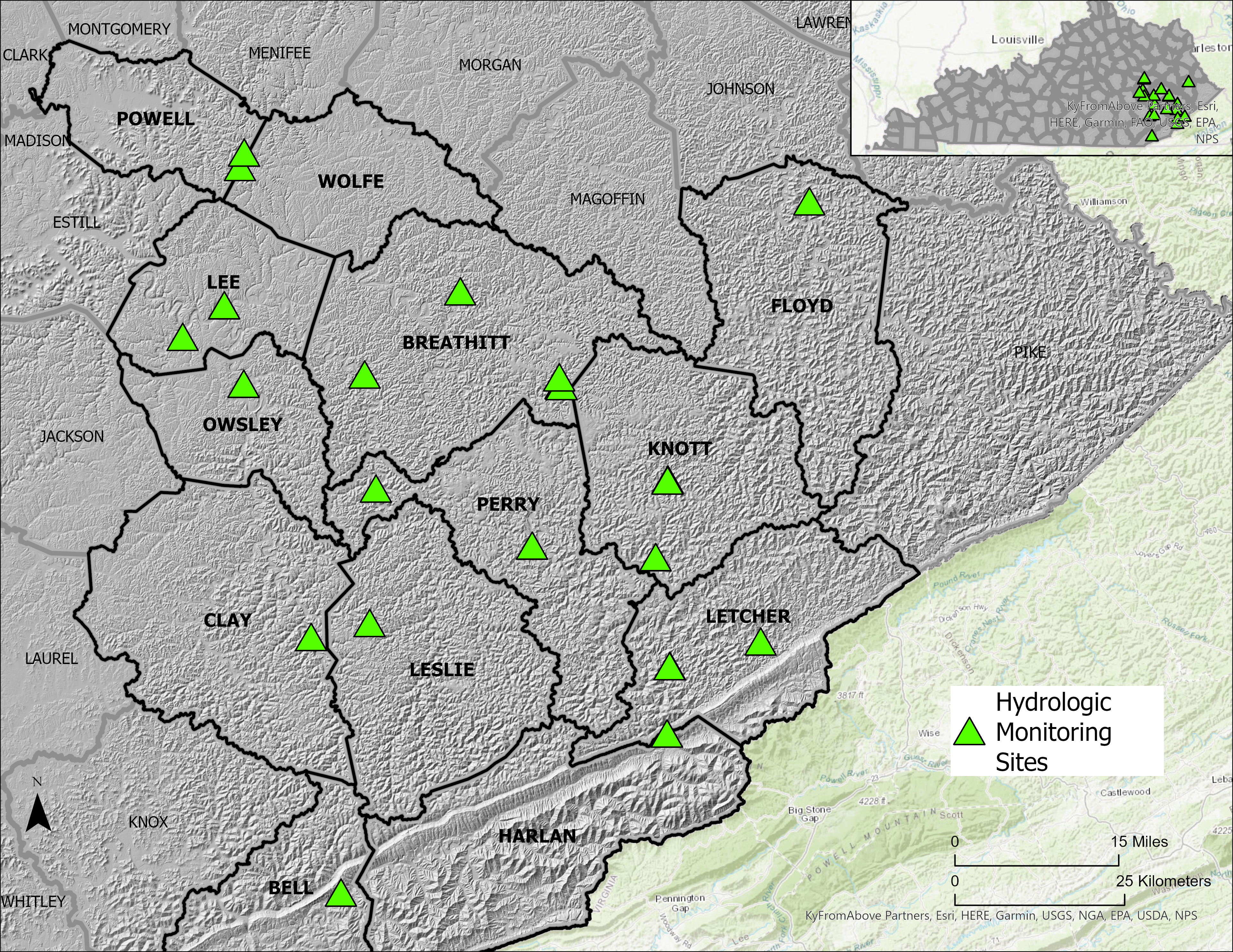 Map showing locations of 24 hydrologic monitoring sites as part of the NSF EPSCoR CLIMBS Project.