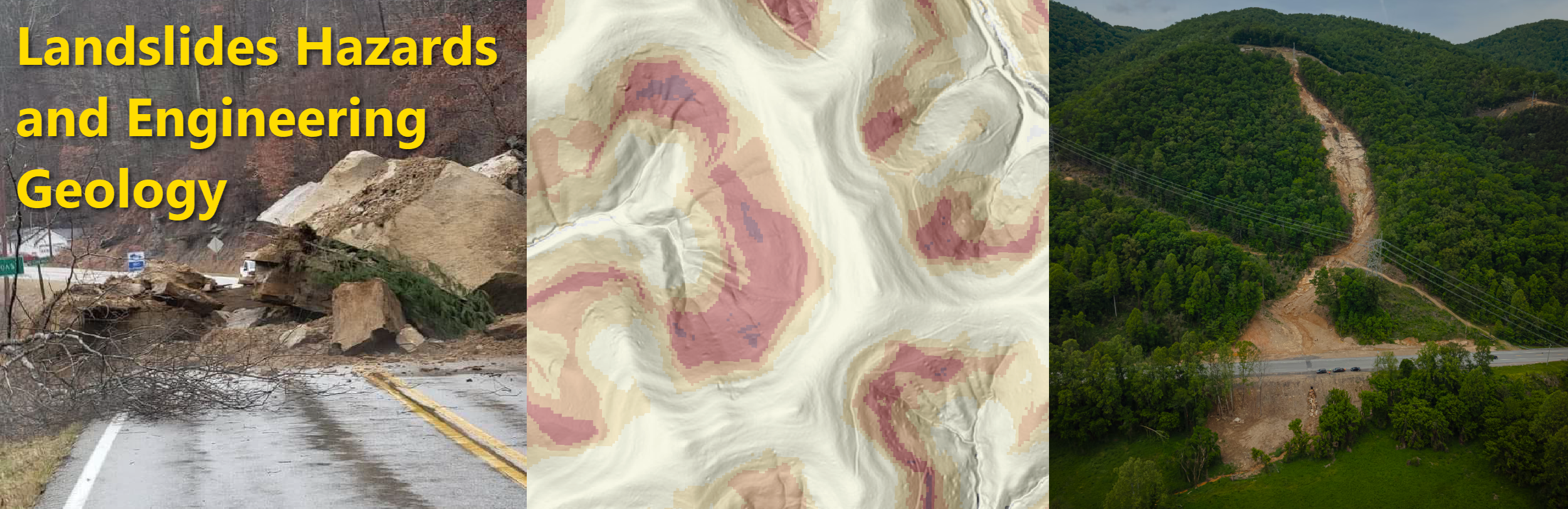 Landslide Hazards and Engineering Geology banner image. Collage of three images showing rockfall on a road (left - photo by Matt Crawford, KGS), a lidar derived DEM susceptibility map (center), and a drone flyover over a large landslide in eastern Kentucky (right - photo by Sarah Johnson, KGS)