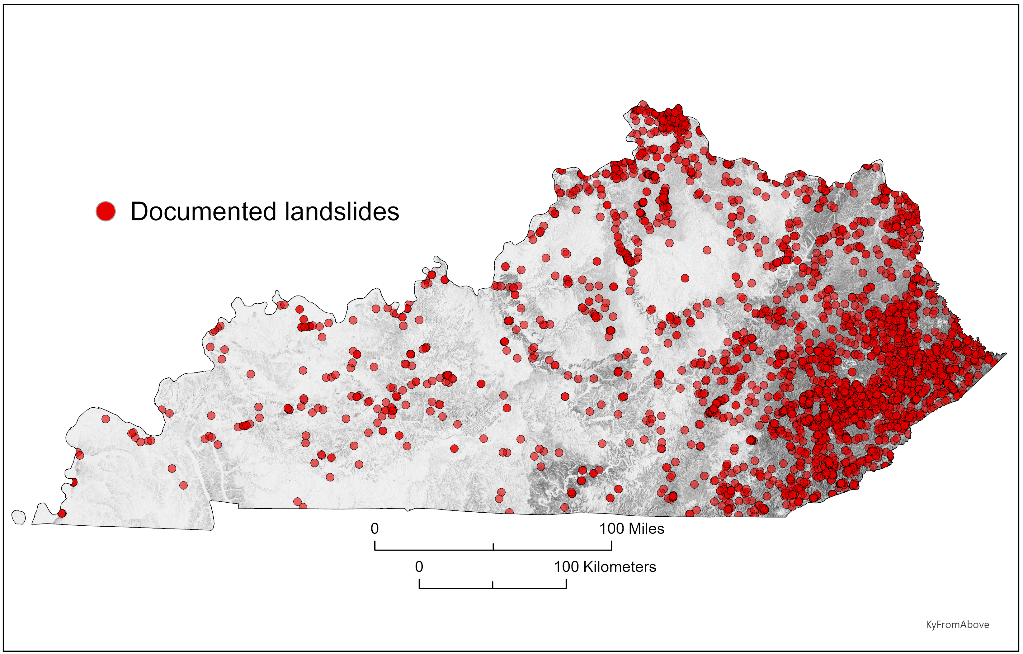 Landslide inventory map of Kentucky. The points represent a variety of landslide extents, all with different ages and impacts.