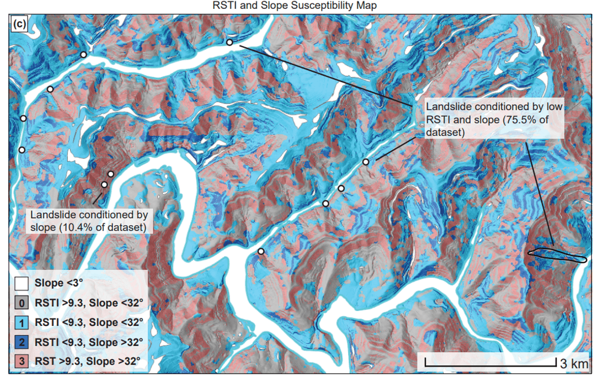 P5. Simple landslide susceptibility map generated using slope and root strength index (RSTI)